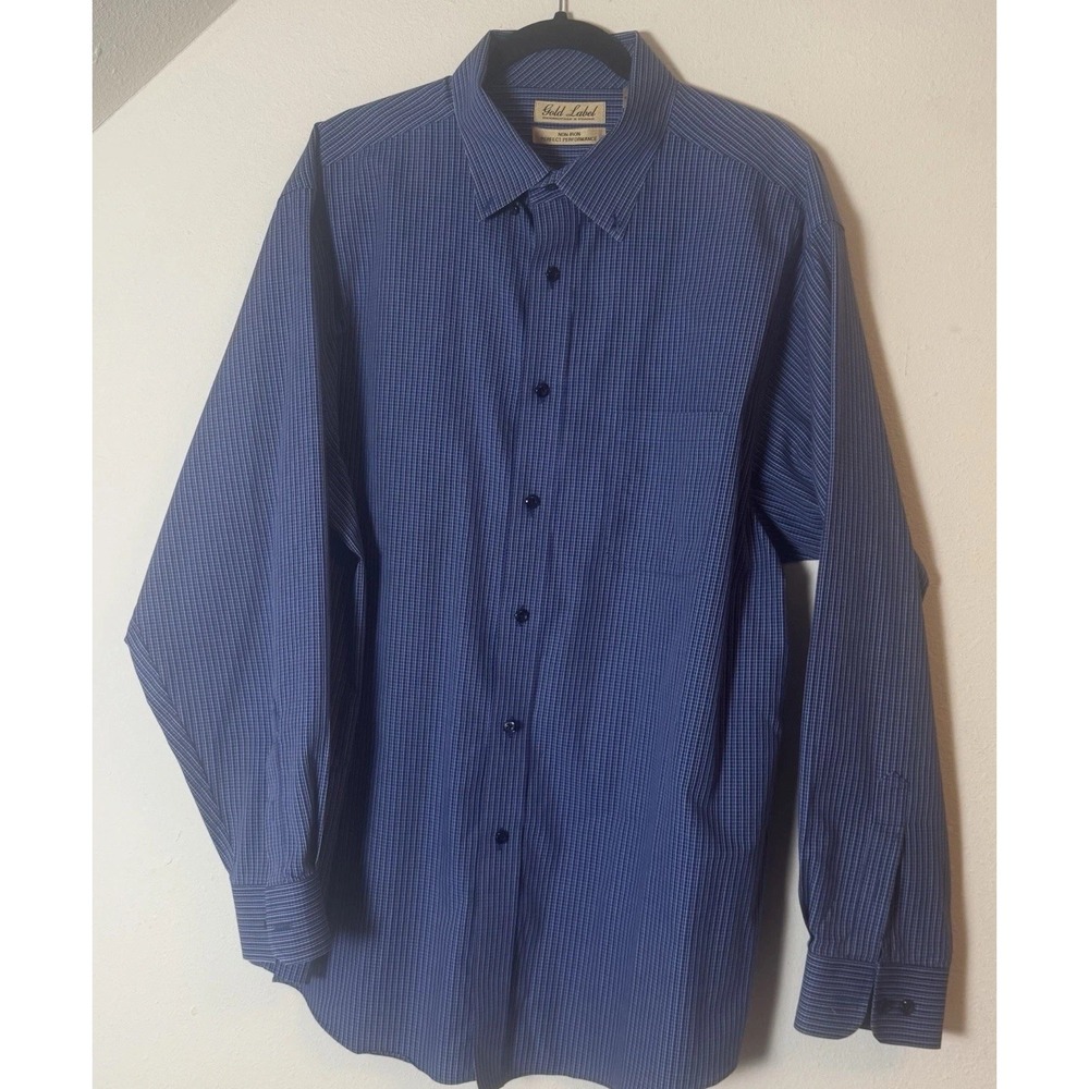 Gold Label Roundtree & Yorke Mens XL Non Iron Cotton Dress Shirt Blue Check
